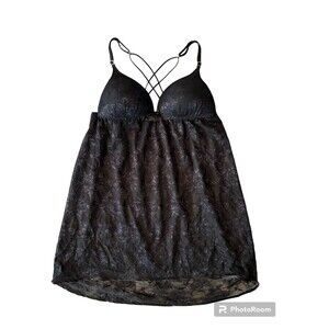 Black Sheer Mesh‎ Lace Padded Lingerie Padded Mini Slip Dress M